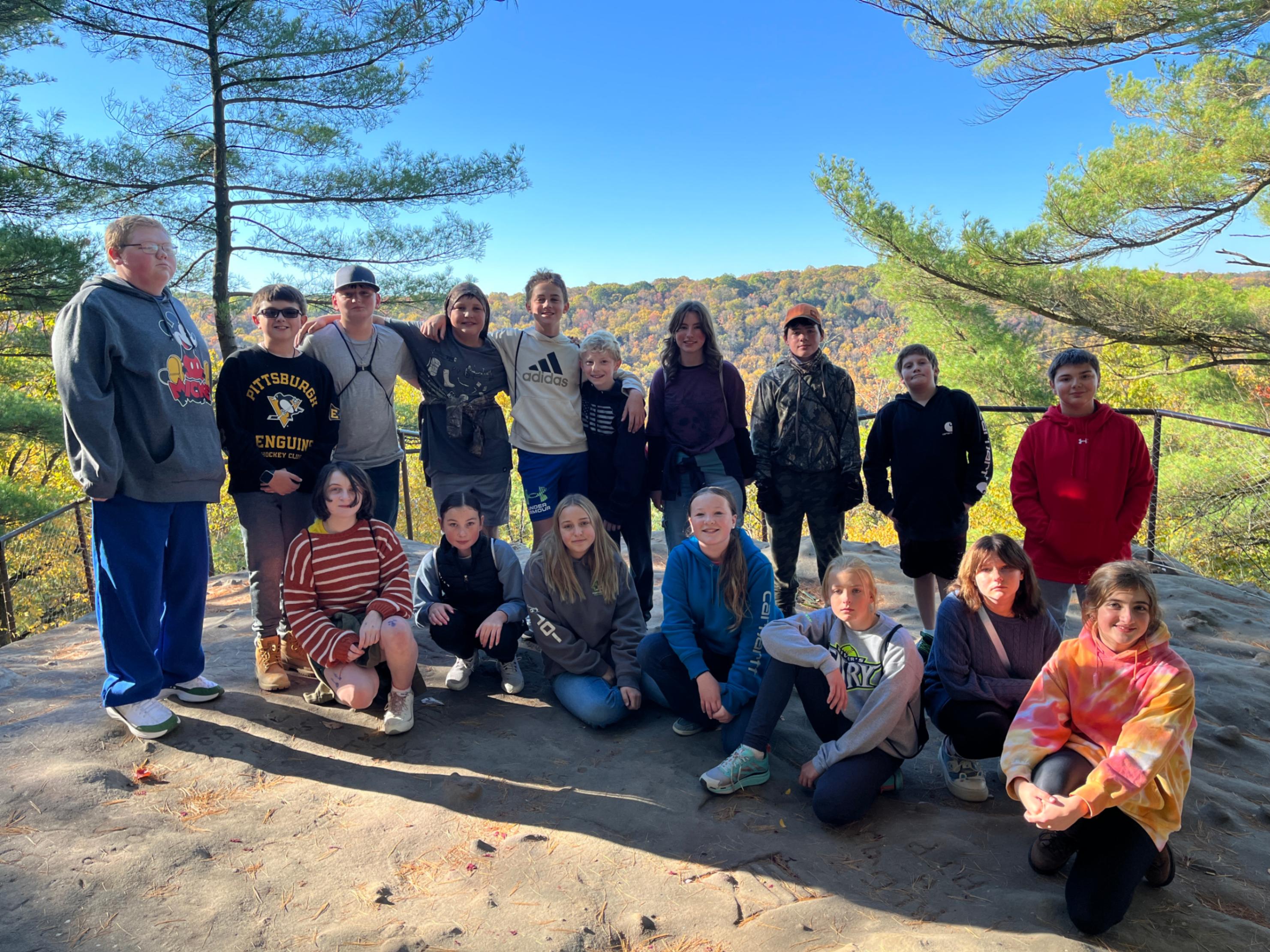 Sixth graders pose for a photo at Seneca Point.